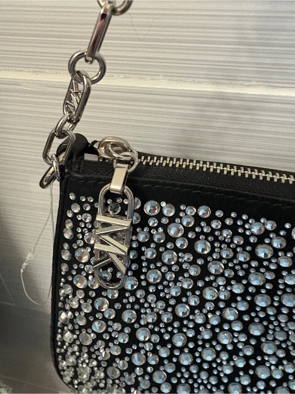 NWOT. Michael Kors Empire Medium Black Crystal Chain Link Pouchette. RARE.